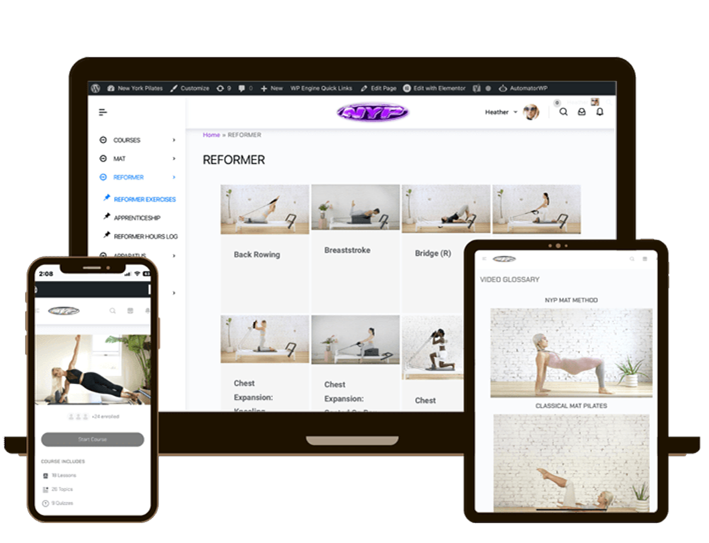 A smartphone, tablet, and laptop display a New York Pilates workout website with exercise videos, a course menu, and images of people performing Pilates moves on mats and reformer machines.