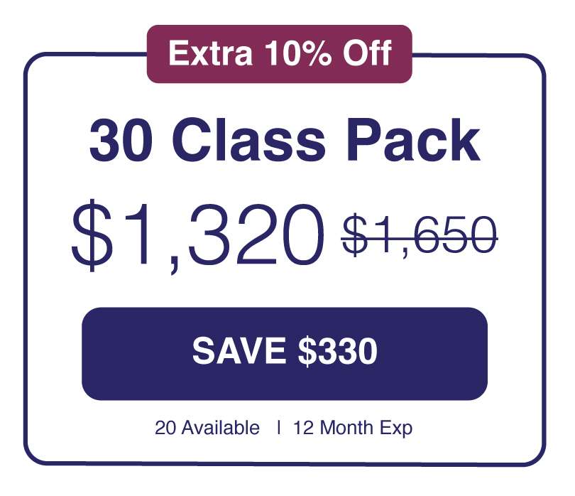 End of Summer Sale extended till midnight! Take an extra 10% off all class packs today and save a total of 20% off. 30 class pack: ,320 (was ,650)—save 0! Only 20 available, 12-month expiration.