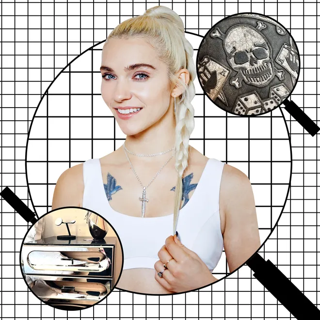 A smiling blonde woman with a long braid stands before a black-and-white grid. Two circular insets show a skull with dice detail and tattoo equipment, reflecting the chic vibe of a boutique fitness community NYC like Heather Andersen New York Pilates.