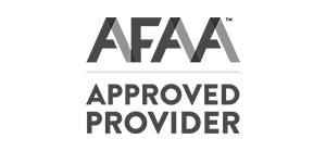 A grayscale logo with the text AFAA Approved Provider, featuring bold, stylized letters for AFAA above the words Approved Provider—ideal for Reformer Pilates Instructor or Pilates Instructor Training programs.