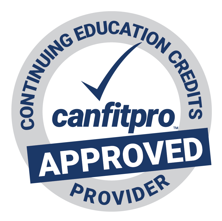 Circular badge with a blue checkmark and the words “Continuing Education Credits Provider canfitpro Approved,” indicating official approval by canfitpro for Pilates Reformer Certification or Reformer Pilates Training continuing education credits.