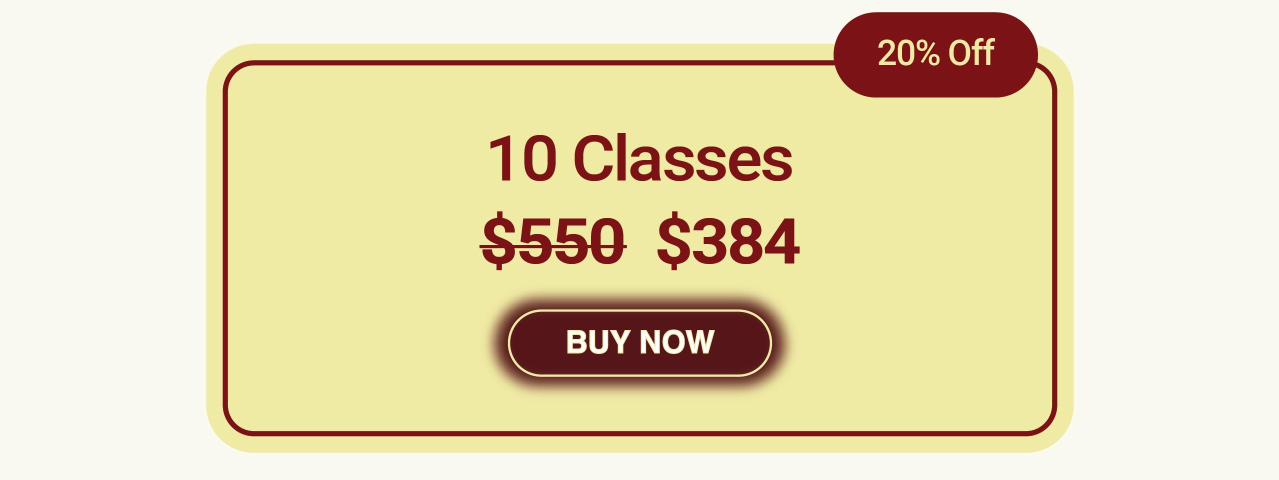 A yellow promo banner highlights 10 Classes with the original price 0 crossed out, now just 4. Featuring a “20% Off” badge and BUY NOW button, it showcases the Best Pilates Pricing NYC on Reformer Pilates Class Pricing.