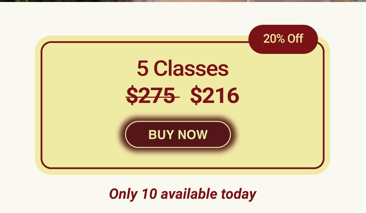 Yellow and red promo banner featuring Best Pilates Pricing NYC: 5 Reformer Pilates classes for 6 (regularly 5). “20% Off” displayed with a “BUY NOW” button. Text below reads, “Only 10 available today.”.