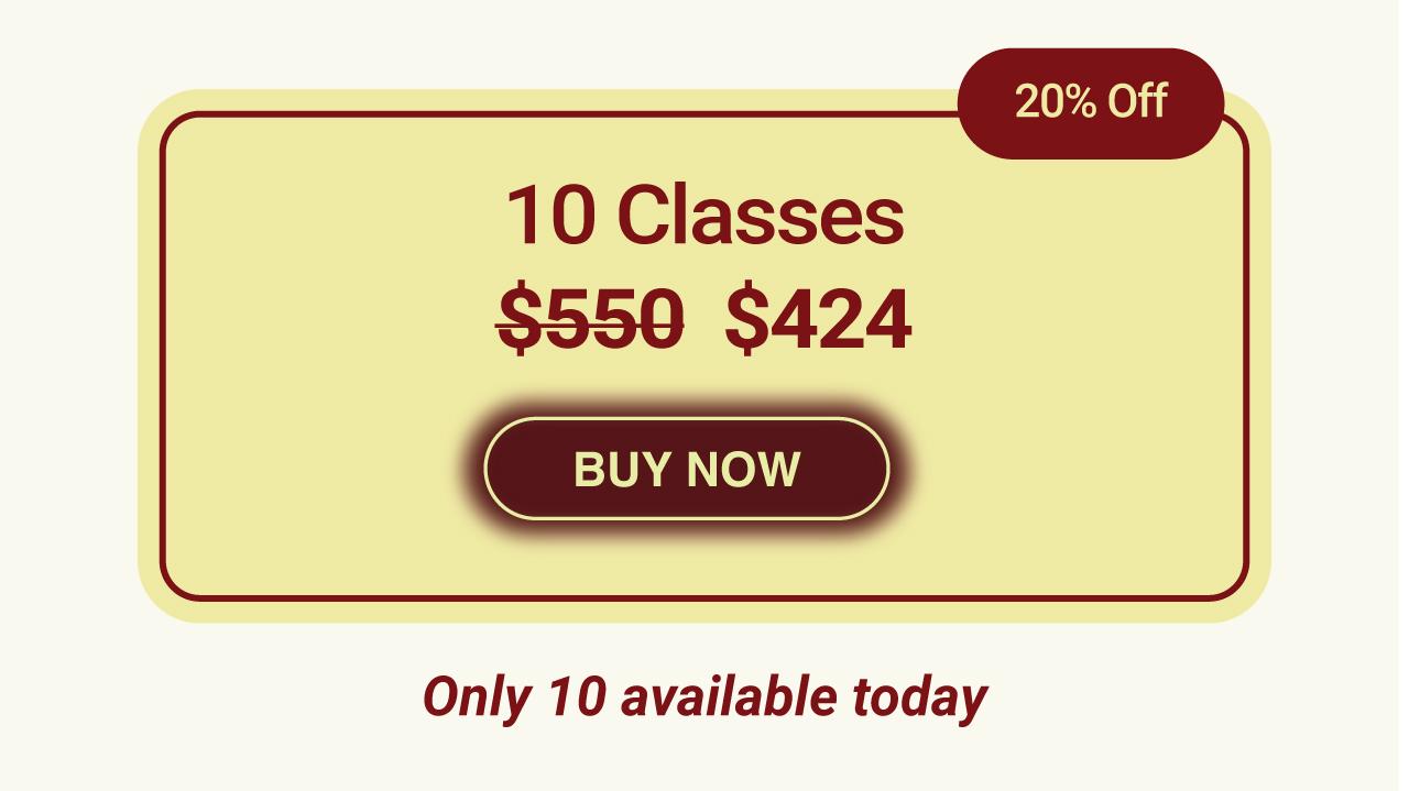 A yellow promo card highlights Best Pilates Pricing NYC—10 classes for 4, down from 0, with a red “BUY NOW” button and a 20% Off label. Text below notes, “Only 10 available today.”.