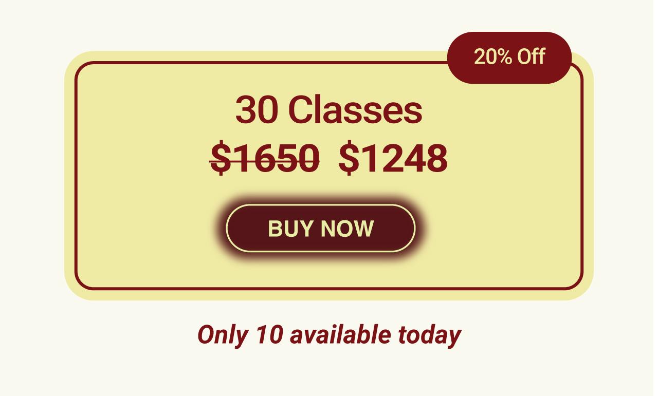 Yellow and maroon ad highlighting Best Pilates Pricing NYC—30 classes now just 48 (20% off, was 50). BUY NOW button in the center. Text below reads: Only 10 available today.