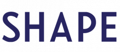 The word SHAPE is written in bold, dark blue, uppercase letters on a light gray background.