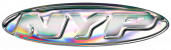 Oval-shaped design with the letters NYP in bold, shiny, metallic text. The iridescent surface has rainbow-like reflections, evoking the dynamic energy of Pilates NYC against a light background.