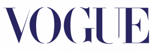 The image shows the word VOGUE in large, bold, elegant serif capital letters, representing the logo of the fashion magazine Vogue. The text is dark blue on a light background.
